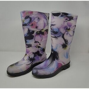 Woman's Purple Floral Print Rain Boots Servus Rubber Boot Size 11
